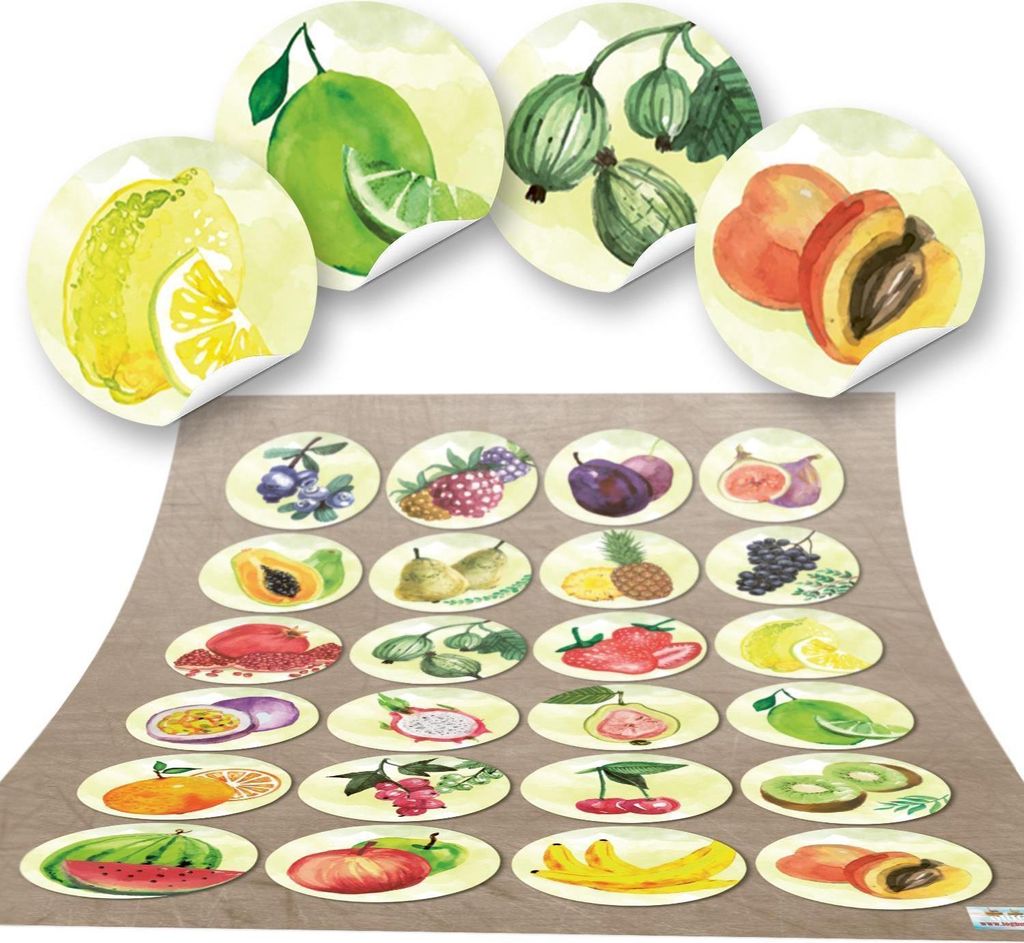 3 x 24 runde Aufkleber OBST Küchenaufkleber Essen Deko Küche Aufkleber Glas Sticker Küchen-Etiketten selbstklebend Kinder Kindergarten