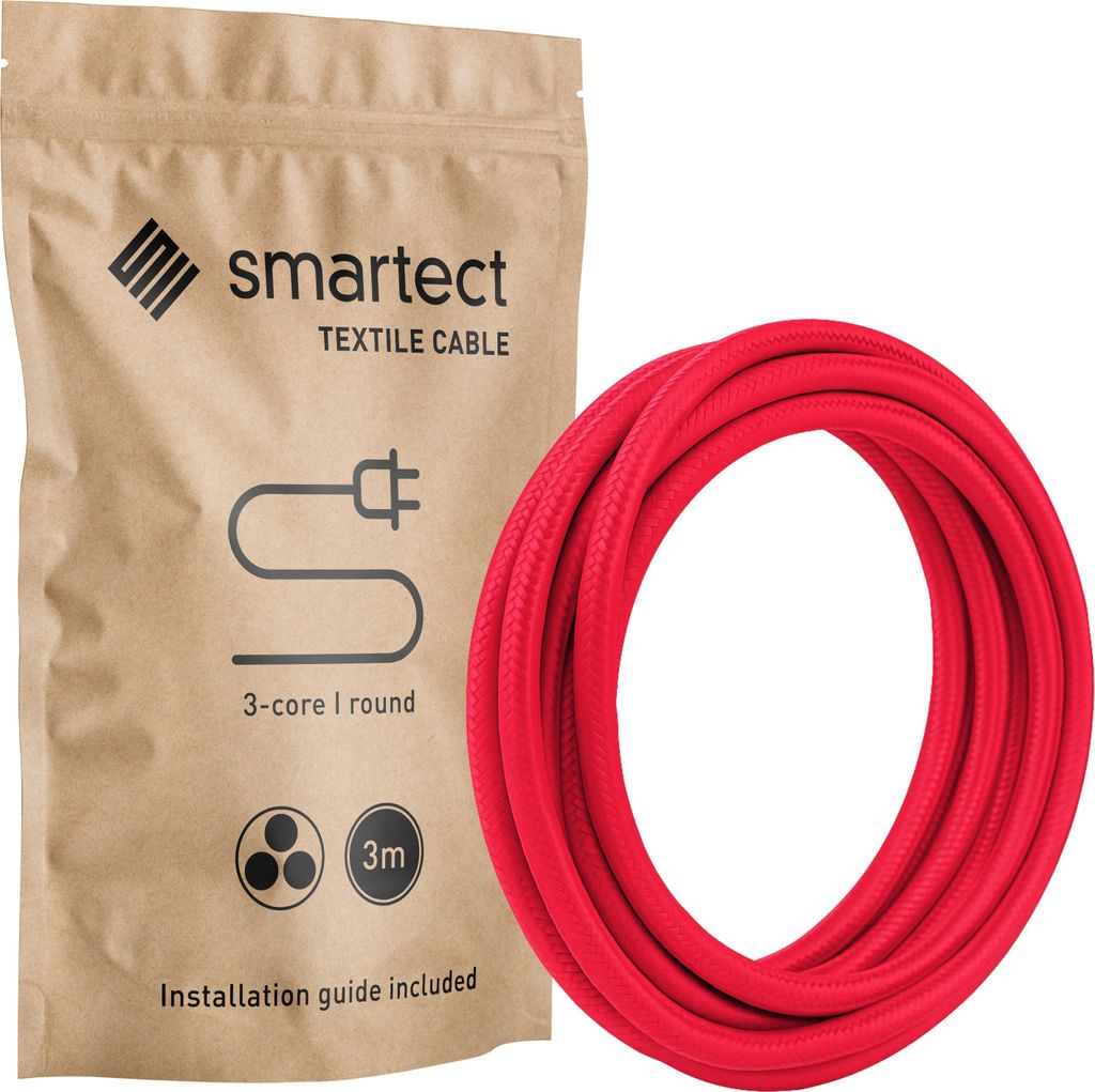Textilkabel 3 m Rot 3 adrig rund Lampenkabel Stoffkabel Stromkabel Elektrokabel