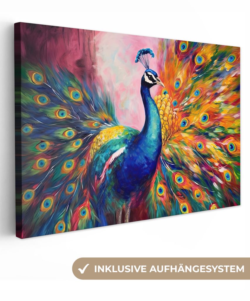 MuchoWow - Leinwandbilder - Pfau - Tiere - Malerei - Regenbogen, Wandbild, Wanddeko Bilder Wohnzimmer, 90x60 cm