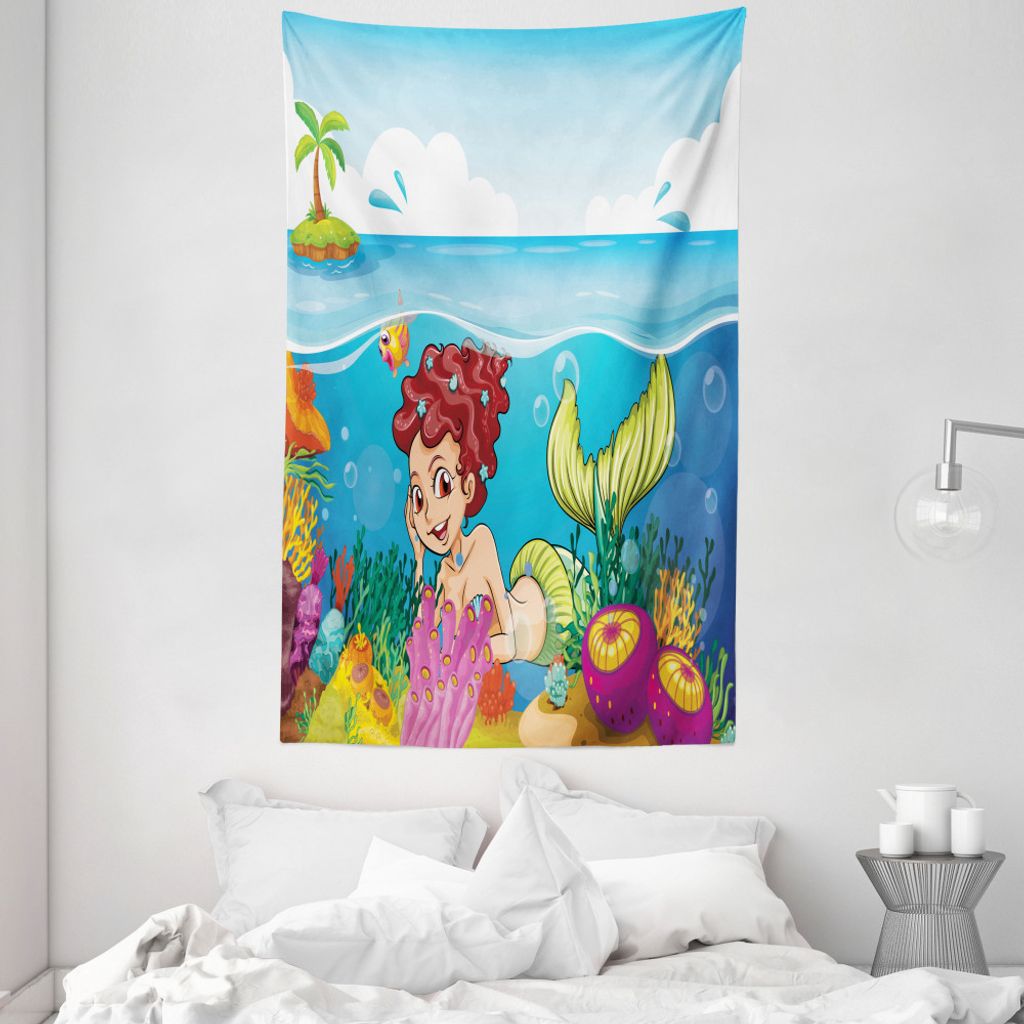ABAKUHAUS Meerjungfrau Wandteppich und Tagesdecke, Palmen in Insel aus Weiches Mikrofaser Stoff Waschbar ohne Verblassen Digitaldruck, 140 x 230 cm...