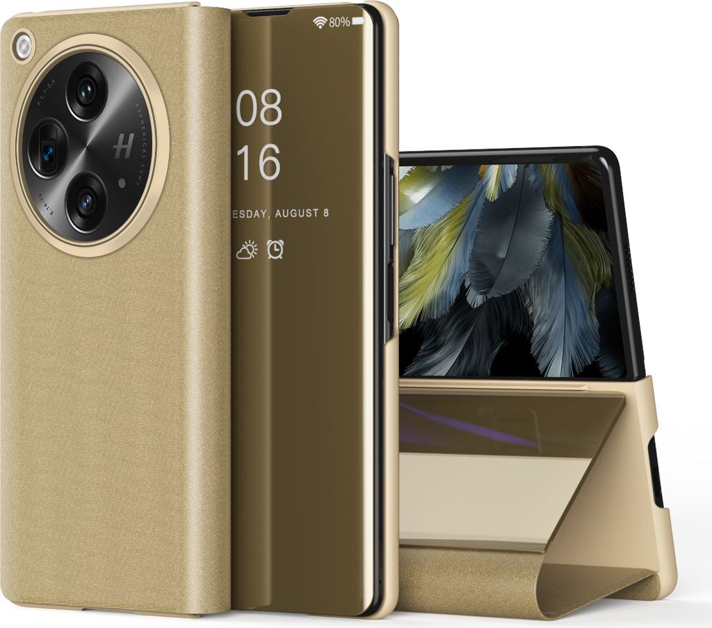 A gold flip case for a smartphone is shown, with the phone partially open to display its screen.