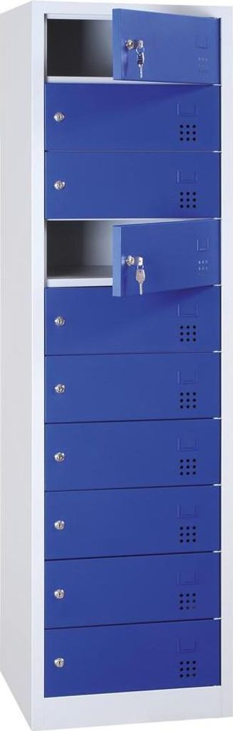 A tall, narrow cabinet with multiple blue locker doors, some open, against a white background.