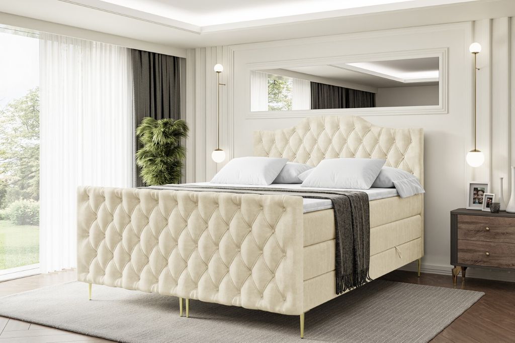 ALTDECOR Boxspringbett mit Gold Füßen, Matratze und Lattenrost, Topper, Fußteil, Polsterbett mit Bettkasten, Bett mit Stauraum H3- und H4- Matra...