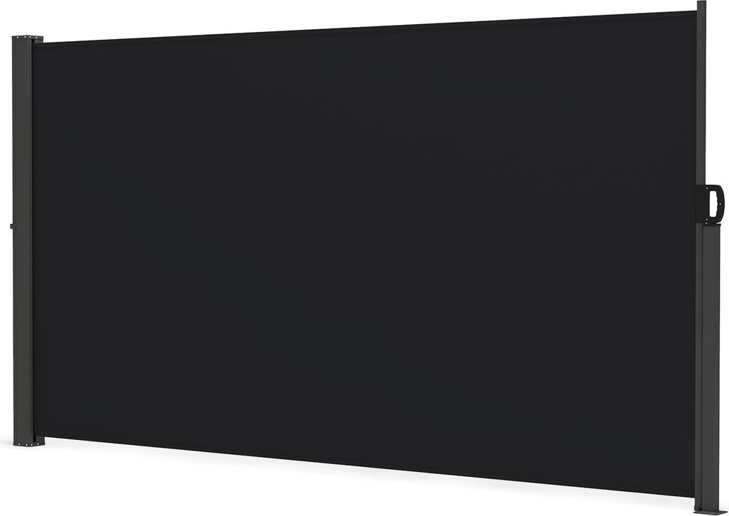 A black retractable side awning for a garden or patio.