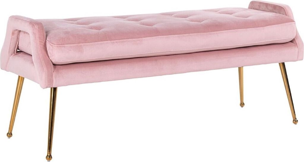 Casa Padrino Luxus Samt Sitzbank Rosa / Gold 121,5 x 45 x H. 51,5 cm - Gepolsterte Massivholz Bank mit edlem Samtstoff und Edelstahl Beinen - Luxus...