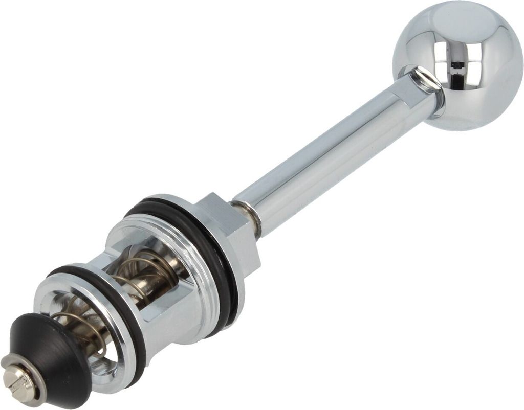 A chrome-plated faucet diverter with a ball handle, isolated on a white background.