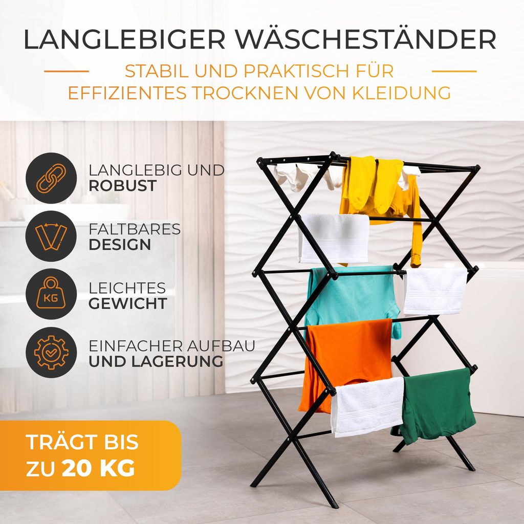 A black foldable drying rack with clothes hanging on it, set against a white and light gray background with text overlays describing its features.