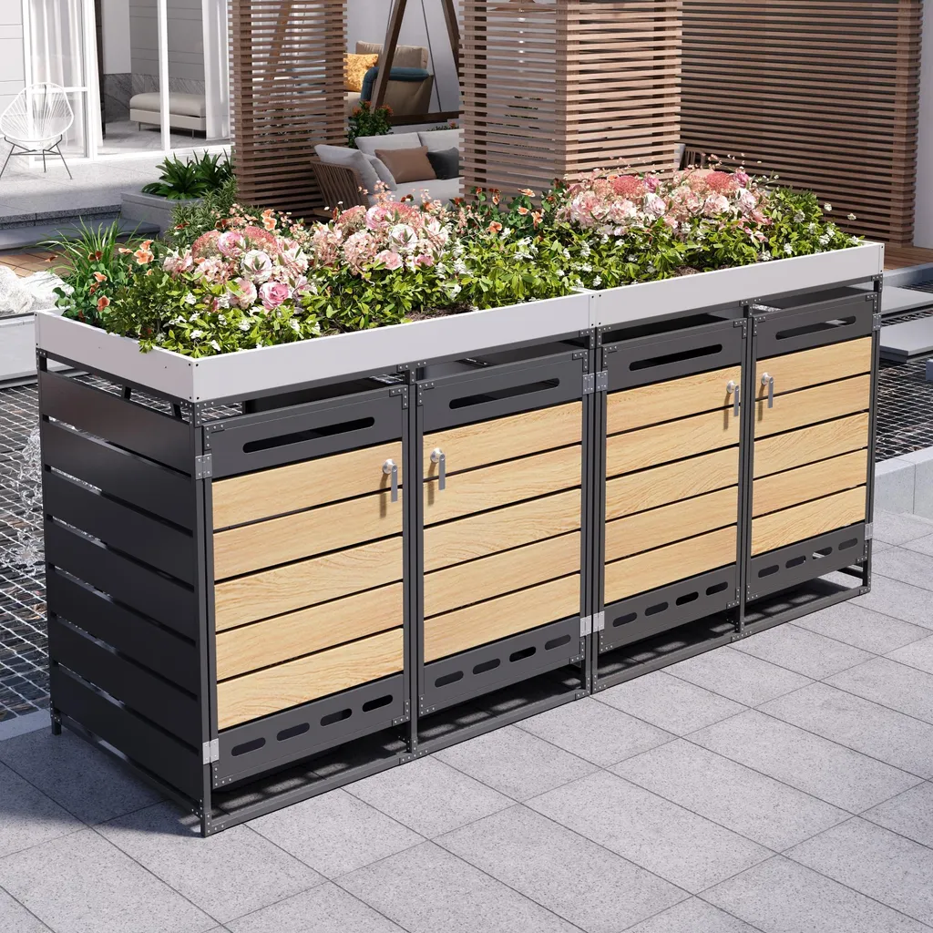 Abri poubelles aspect bois avec jardinière et lattes horizontales en fer