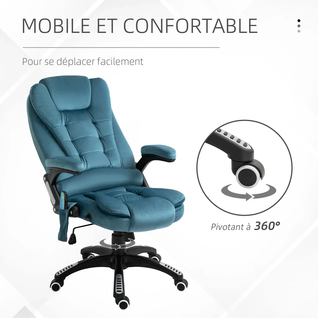 Fauteuil de bureau massant et chauffant en tissu bleu avec télécommande - 10