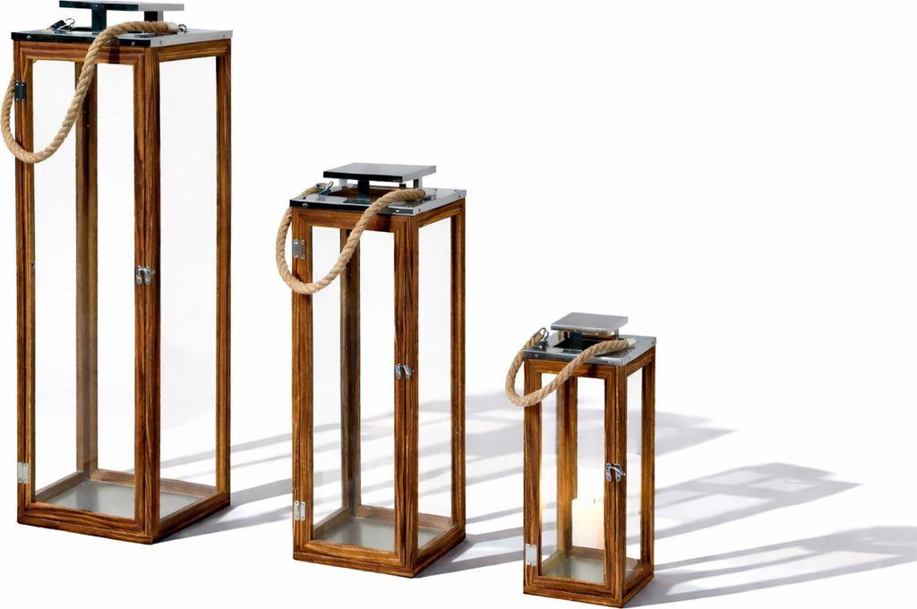 3er XXL Holz-Laternen-Set Windlicht Gartenlaterne Edelstahldach