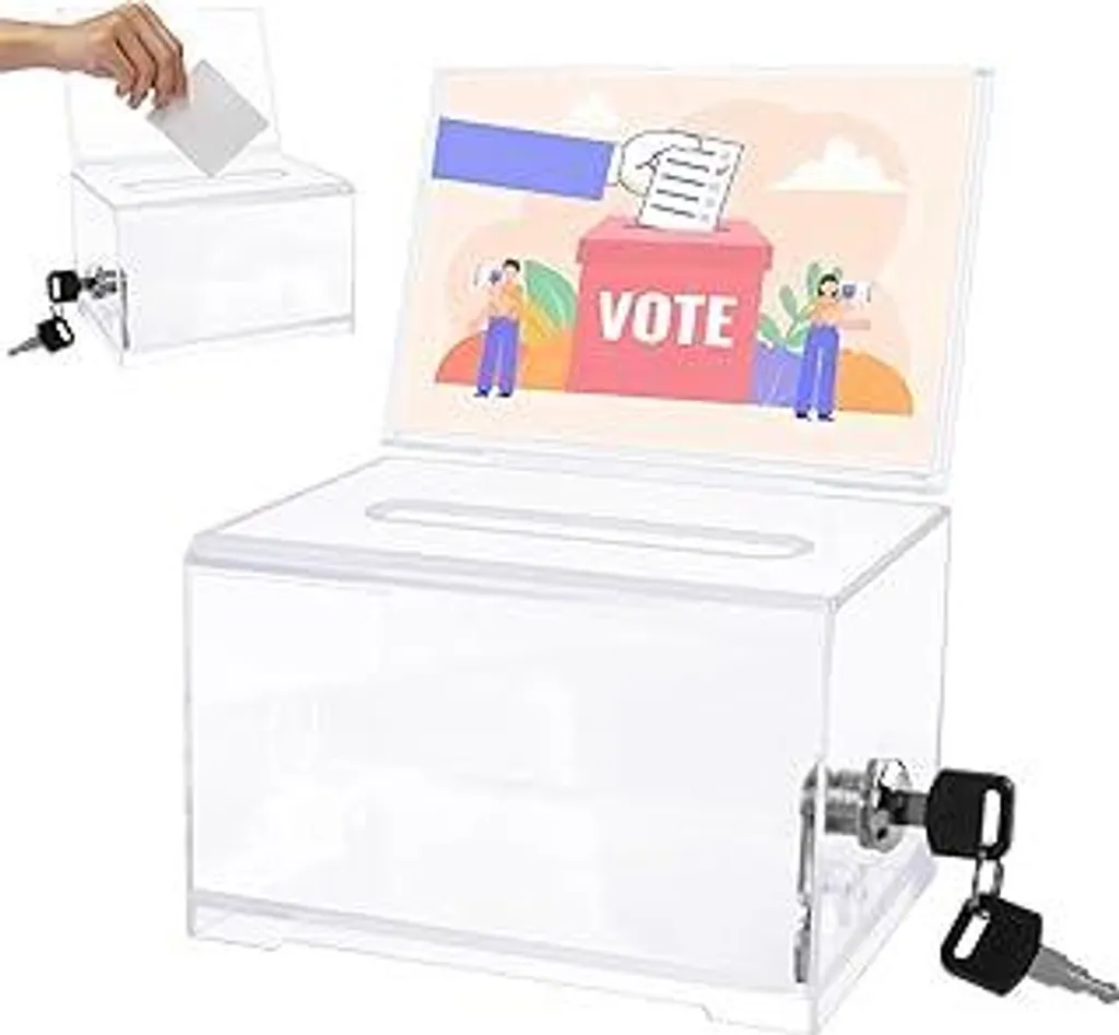 Scatola per donazioni in acrilico chiudibile a chiave, trasparente Scatola per donazioni con serratura e supporto per cartello rimovibile, urna elettorale con fessura per inserire donazioni, votazioni e concorsi a premi (16 × 12 × 10 cm)