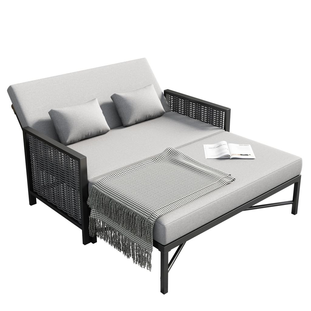Gartenmöbel für 2 Personen, Gartensofa, Freizeitsofa, Outdoor-Liegebett, verstellbare Rückenlehne (5-stufig, 0-65°), versenkbare Fußstütze, grau