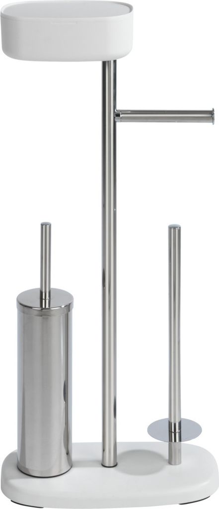 A white and silver toilet paper holder and toilet brush stand.