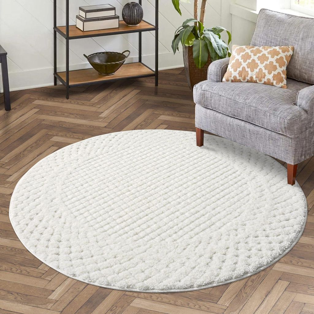 Teppich Hochflor Wohnzimmer - 160 cm Rund - Weiß/ Creme - Hochtief-Muster/ 3D-Effekt Bordüre