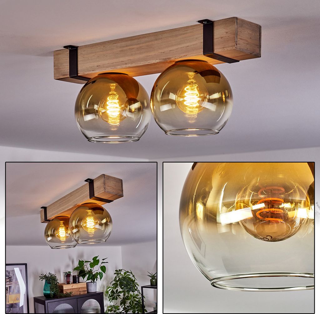 Bollengo Deckenlampe aus Metall/Holz/Glas in Schwarz/Natur/Goldfarben/Klar