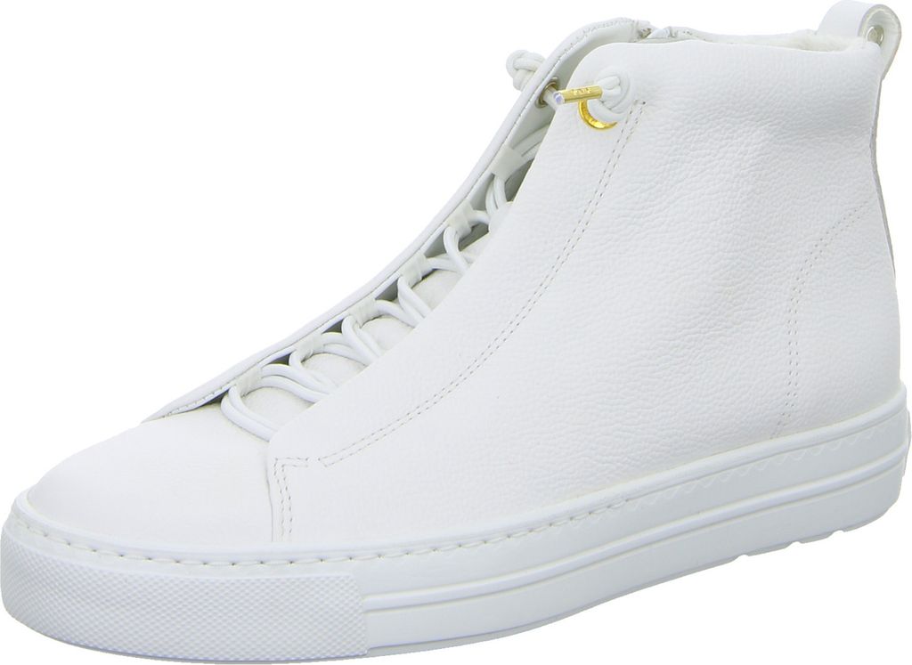 A white high-top sneaker with a unique lacing system and gold accent.
