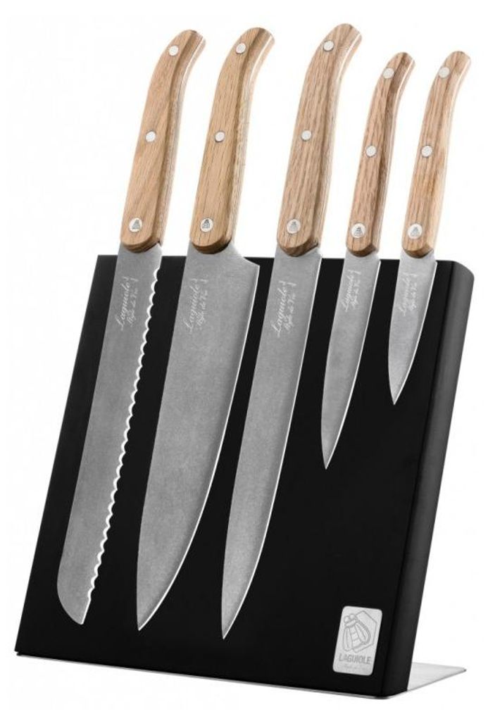 Laguiole Innovation – Messerset, Eichenholzgriff, Stonewash-Klingenfinish und magnetischer Messerständer