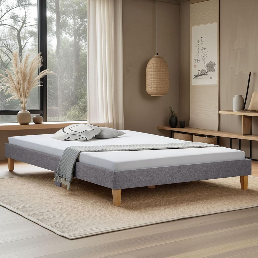 Homestyle4u Futonbett mit Matratze 140x200 Polsterbett Lattenrost Doppelbett Stoffbett Bettgestell Bett Grau