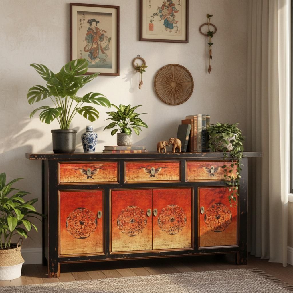 Sideboard Kommode Schrank Möbel asiatisch orientalisch chinesisch vintage antik Büffet Anrichte Shabby Chic Landhaus Stil orange-schwarz