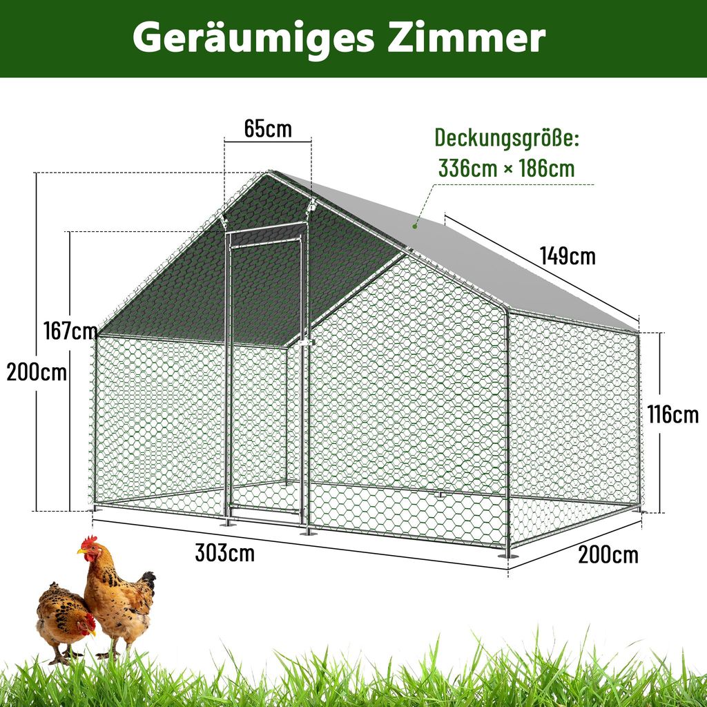 Hühnerstall Hühnerhaus Geflügelstall 3x 2 x 2m Freilaufgehege Kleintierstall Voliere Freigehege Hühnerkäfig mit Dach Verzinkter Stahlrahmen