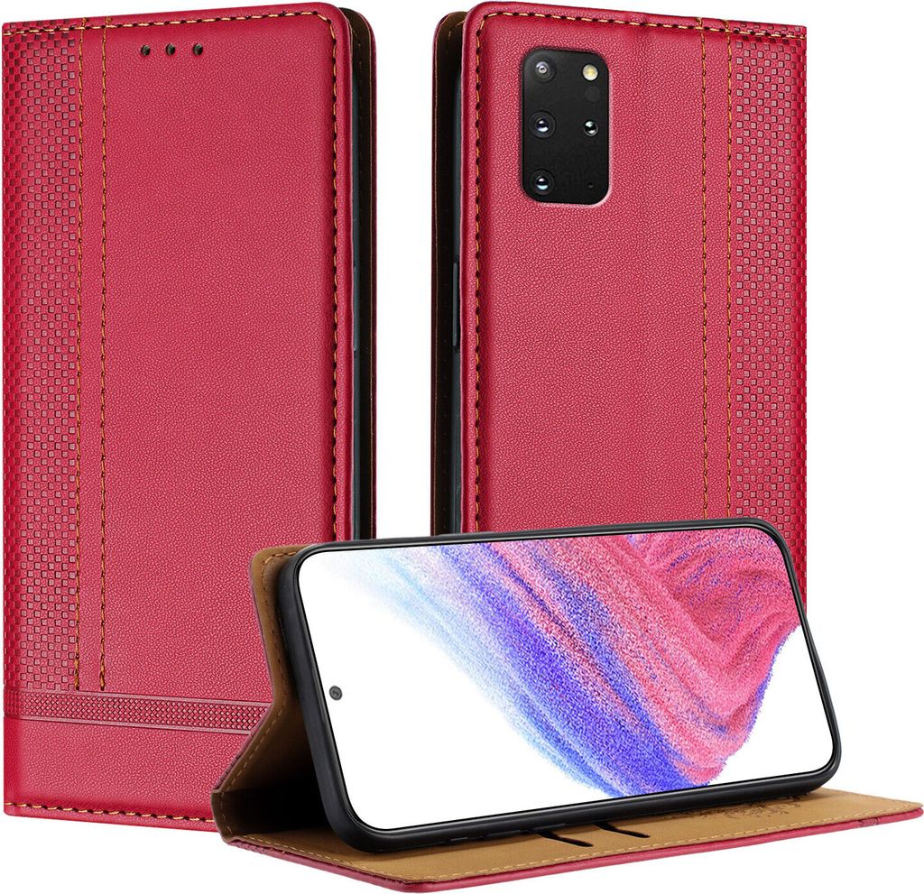 Handyhülle für Samsung Galaxy S20 Plus Leder Flip Klappbare Schutzhülle mit Standfunktion Rot