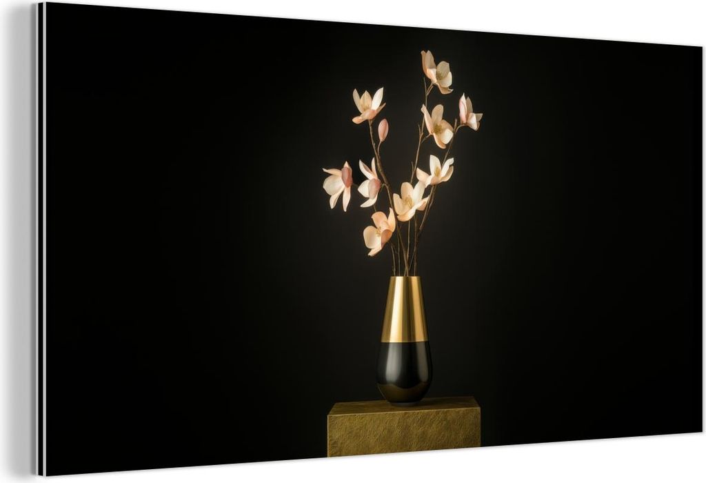 MuchoWow Wanddekoration Metall Metallbild Wandkunst 40x20 cm Verschnörkelt - Blumenstrauß - Gold - Vase MuchoWow Aluminium Gemälde - Bild - Alum...