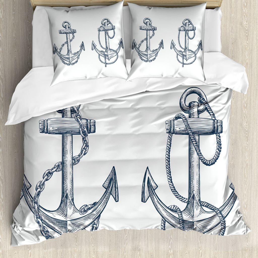 ABAKUHAUS Anker Bettbezug, Vintage Skizze von Anchor, Milbensicher Allergiker geeignet mit Kissenbezügen, 200 cm x 200 cm - 80 x 80 cm, Dunkler Te...