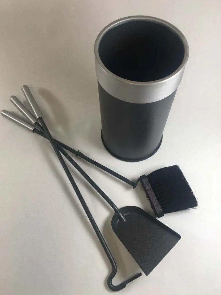 Serviteur de cheminée design anthracite inox avec bac de rangement