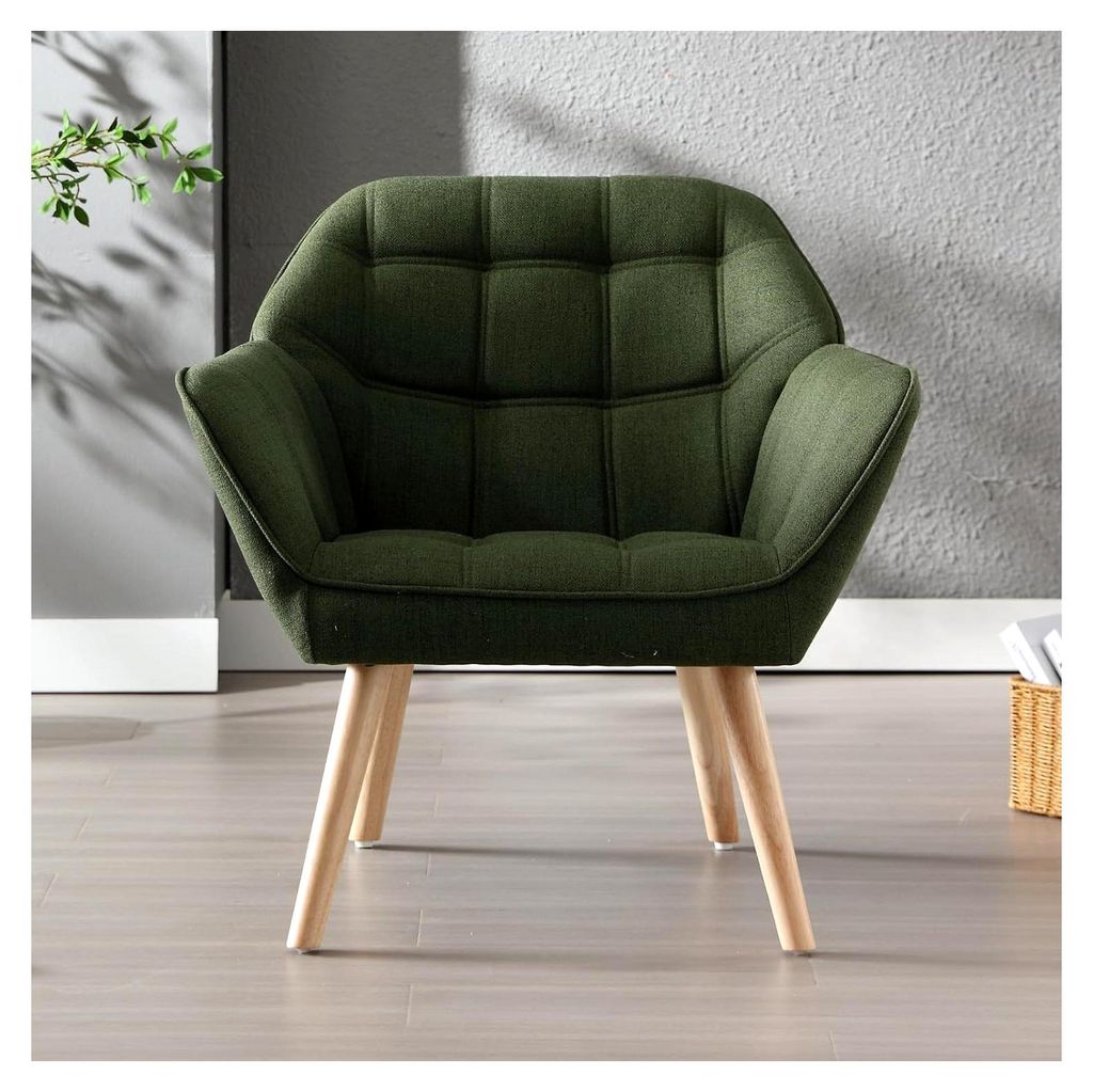 Gepolsterter Armlehnensessel aus Leinen für das Wohnzimmer, moderner Loungesessel mit Holzbeinen (Grün)