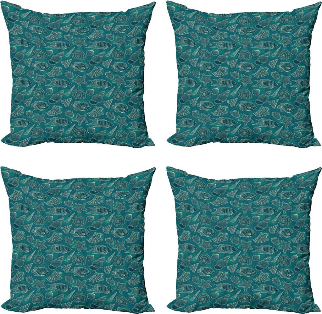ABAKUHAUS Sea Shells Kissenbezug Set (4 Stück), Ocean Line Entwurf, Moderner Doppelseitiger Digitaldruck, 50 cm x 50 cm, Petrol Blau Teal Beige