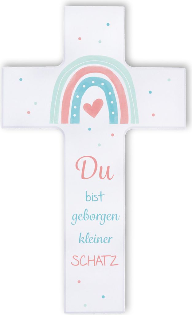 FRITZ COX Holzkreuz "Du bist geborgen kleiner Schatz" | Herz unterm Regenbogen | christliches Geschenk für Kinder 15cm