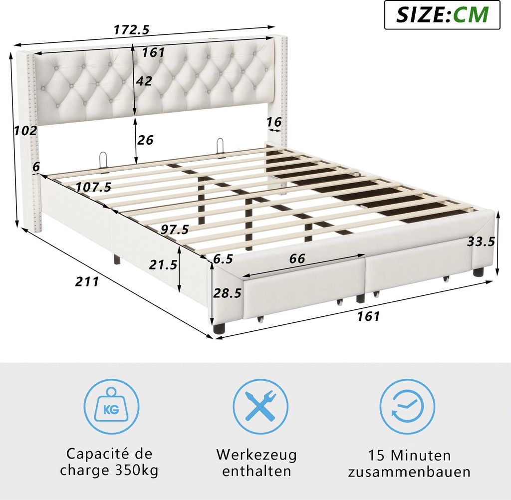 Letto imbottito 160x200 cm con cassetti di contenimento, Immagine del prodotto 