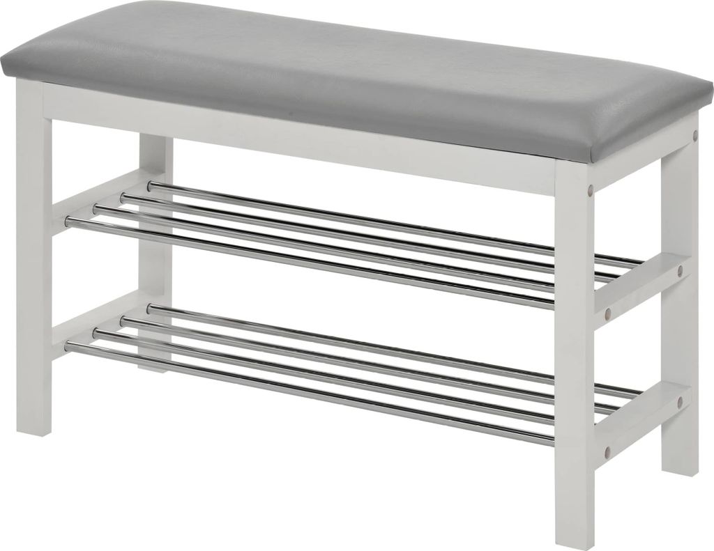 Casa Dolce MERLITA Polsterbank, 81x31x49 cm, Grau + Weiß, 2 Schuhablagen, PVC-Polsterung, massivem Kiefernholz, 90 kg belastbar