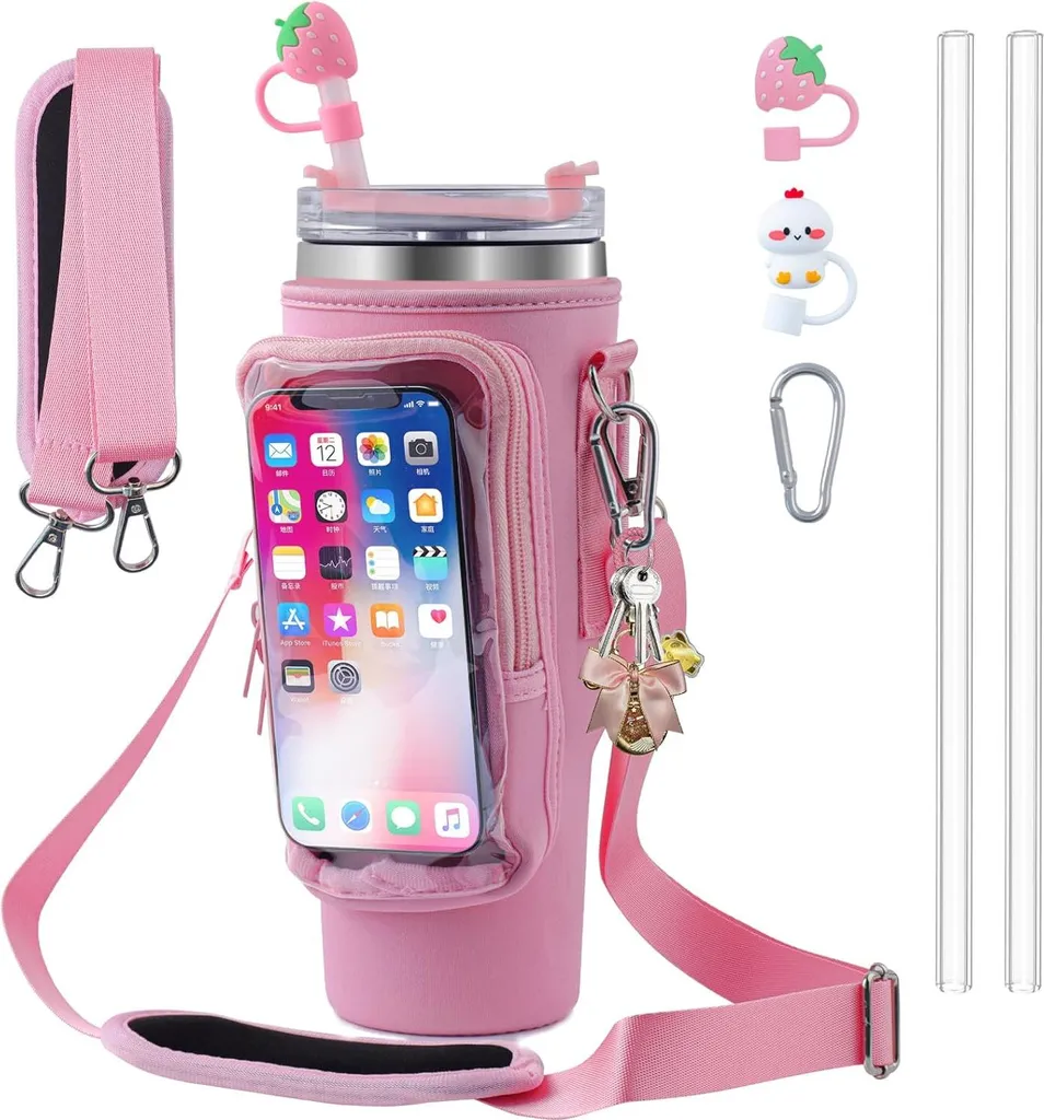 Sac pour Stanley Cup 40oz transport mains libres avec sangle - Rose
