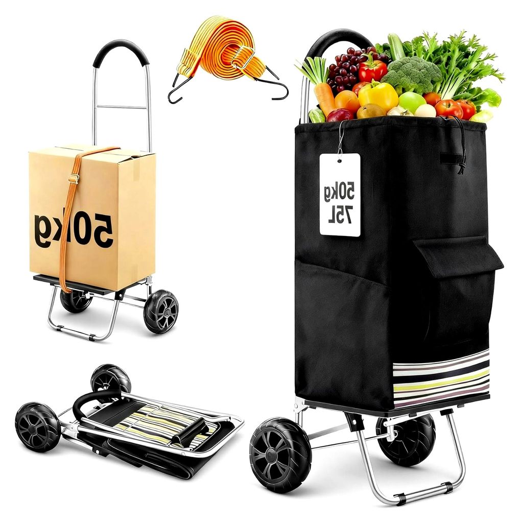 Einkaufstrolley, 75 l, faltbar, Einkaufstrolley, 2-in-1, Einkaufstrolley mit 2 Rädern, Einkaufstrolley mit Rahmen aus Edelstahl und Abnehmbarer Ta...