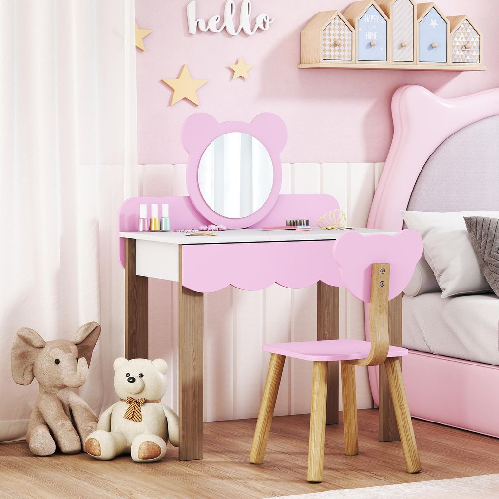 Coiffeuse Fille Avec Miroir LED 2 Couleurs Et Tabouret Rose AIYAPLAY - Moderne Et Spacieuse