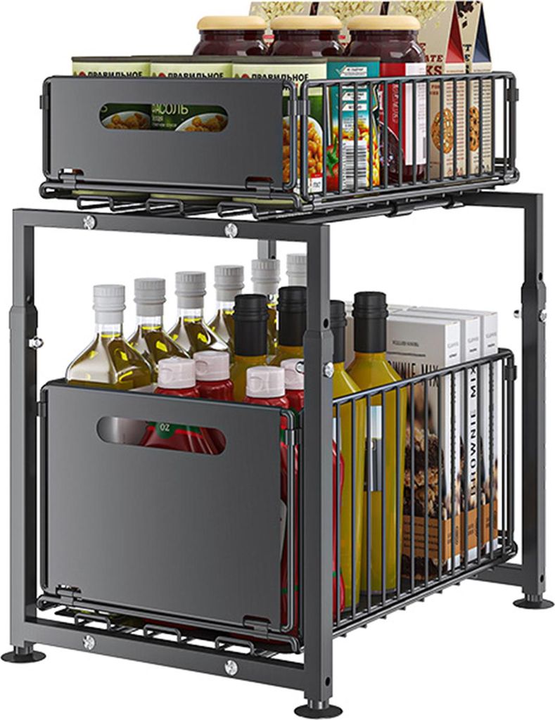 Küchen-Aufbewahrungsregal, stark belastbar, großes Fassungsvermögen, höhenverstellbar, 2-stufiger Untertisch-Organizer mit ausziehbaren Schubladen