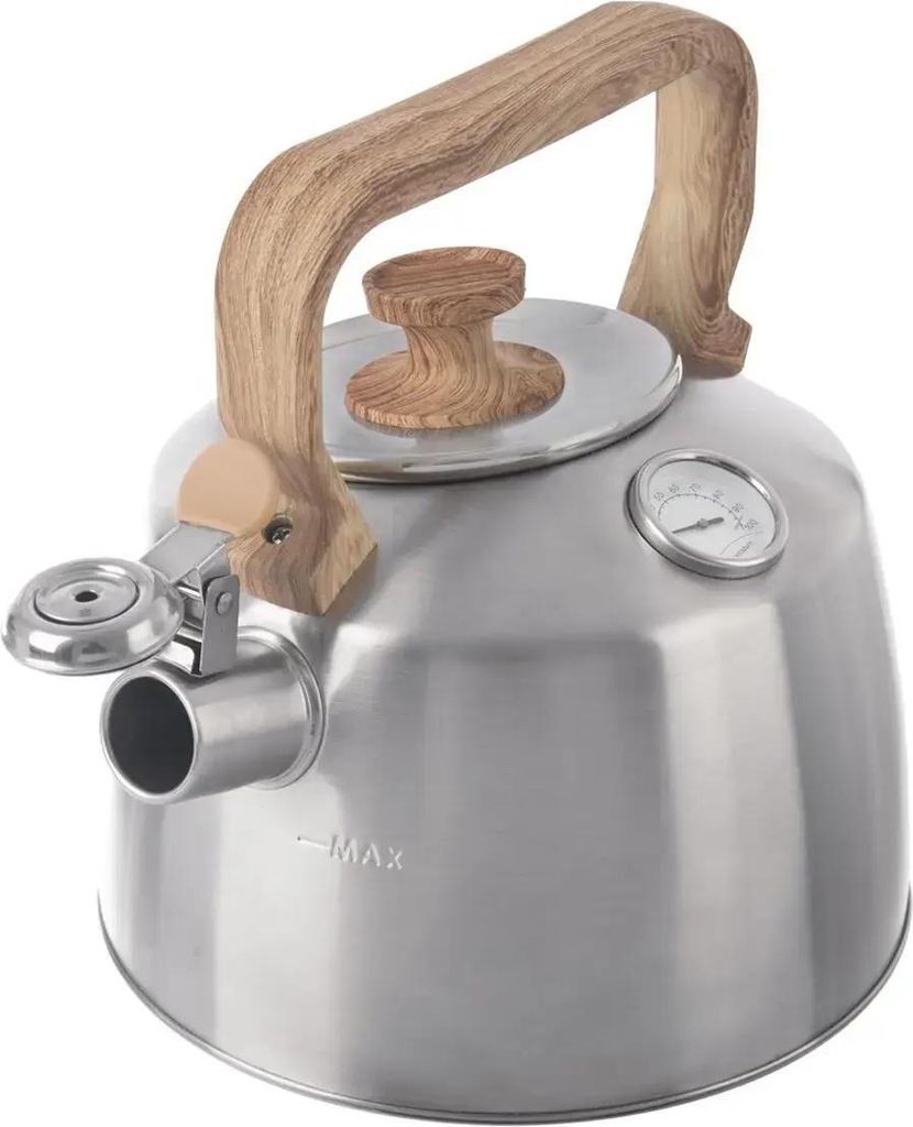 A stainless steel kettle with a wooden handle and lid knob, featuring a built-in thermometer.