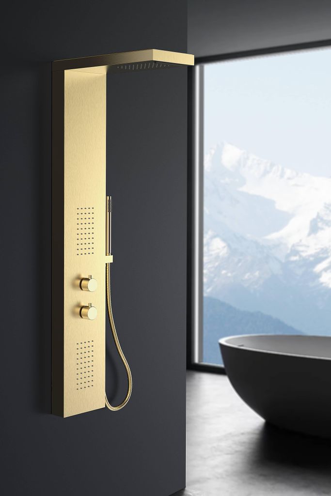 Duschset Regendusche mit Wasserfall-Kopfbrause Marwell Essenza Duscharmatur gold Edelstahl 125x20 cm mit Handbrause & Schlauch