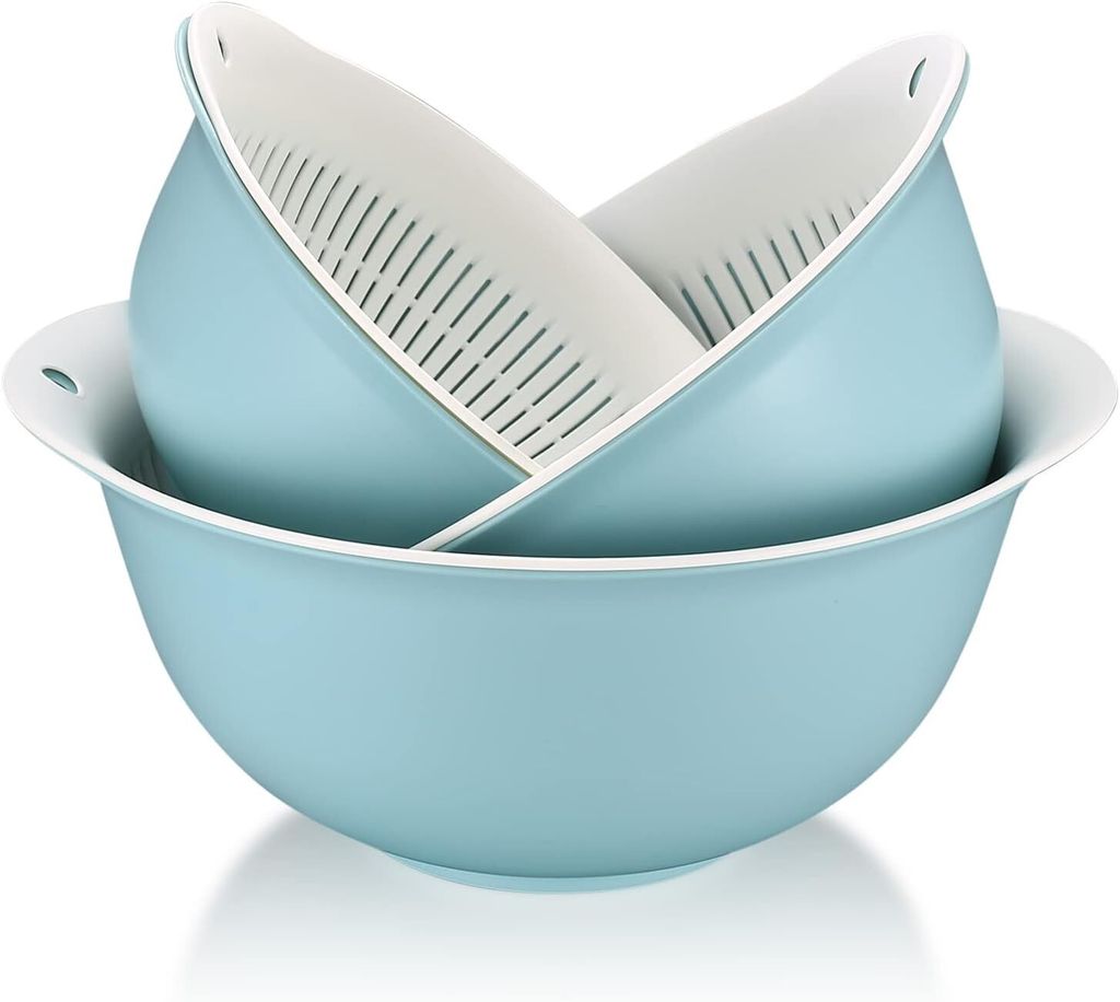 3 teiliges 2-in-1 Küchensieb Set,Doppelschichtiges Seiher Schüssel Set aus Kunststoff, Sieb und Abtropfschale, Blau