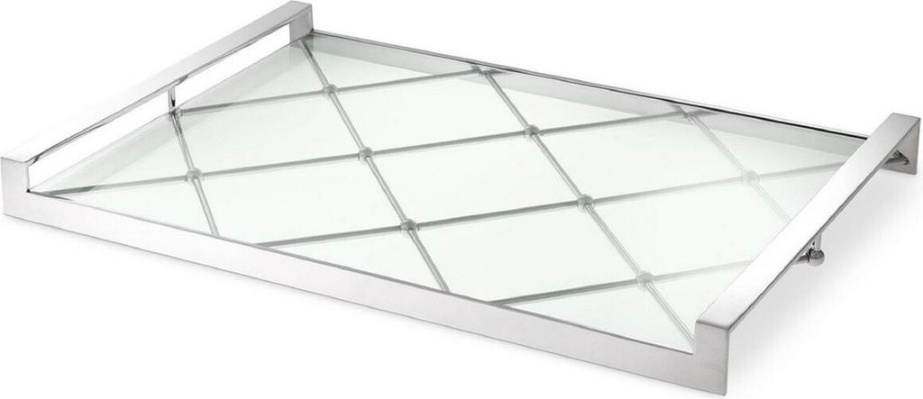 Casa Padrino Luxus Serviertablett Silber 48 x 34 x H. 4 cm - Edelstahl Tablett mit gehärteter Glasplatte - Gastronomie Accessoires - Luxus Qualität
