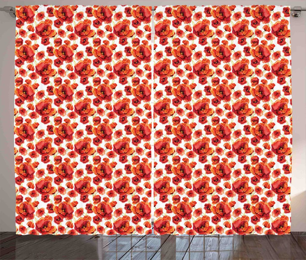 ABAKUHAUS Blumen Rustikaler Gardine, Rote Mohnblumen-Blumen, Schlafzimmer Kräuselband Vorhang mit Schlaufen und Haken, 280 x 245 cm, Rot und weiß