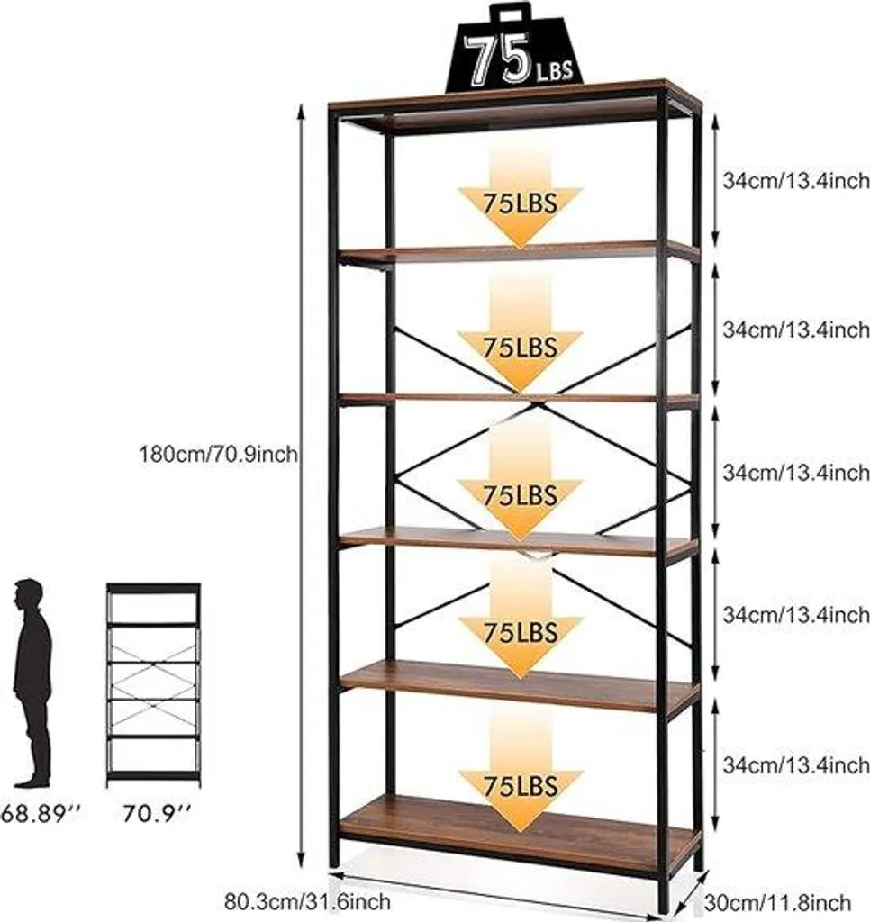 Grande étagère murale bois 80 cm, bibliothèque robuste 180 cm de haut