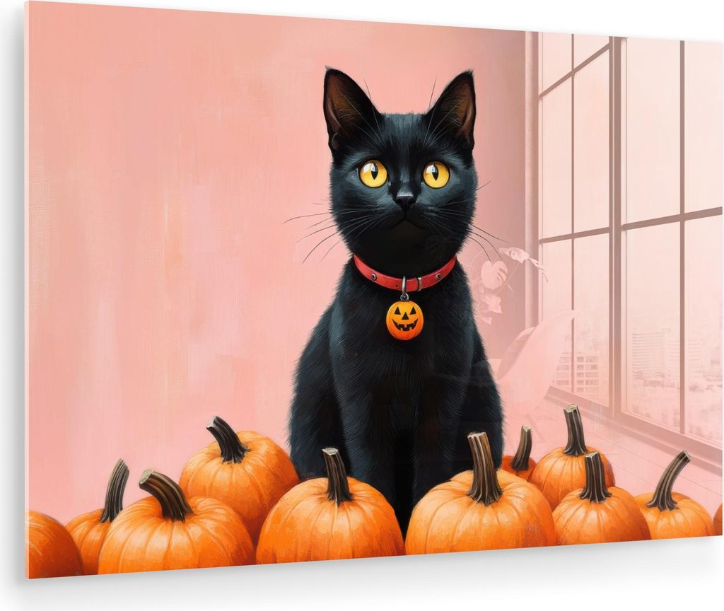 MuchoWow Glasbilder - Bilder auf Wandbild - Foto auf Glas Katze - Kürbis - Rosa 30x20 cm Wanddekoration aus Glas - Acrylglasbild - Acrylbilder - B...