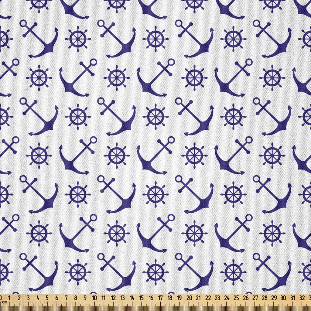ABAKUHAUS Navy blau Microfaser Stoff als Meterware , Anker mit Schiffen Steuerräder Nautische Zusammensetzung Sea Life Element, 2 M (230 x 200 cm)...