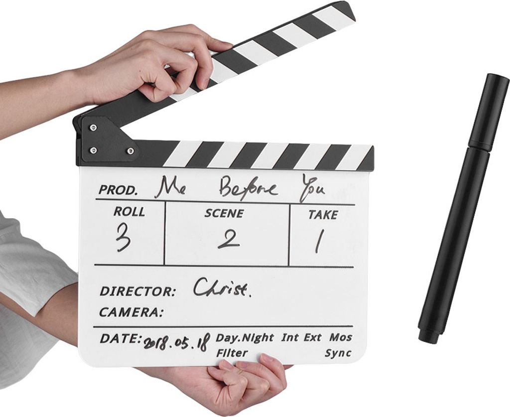 Dry Erase Acryl Regisseur Film Clapboard Film TV Aktion Szene Clapper Board Slate mit Filzstift, Schwarz / Weiss Stick, Weiss