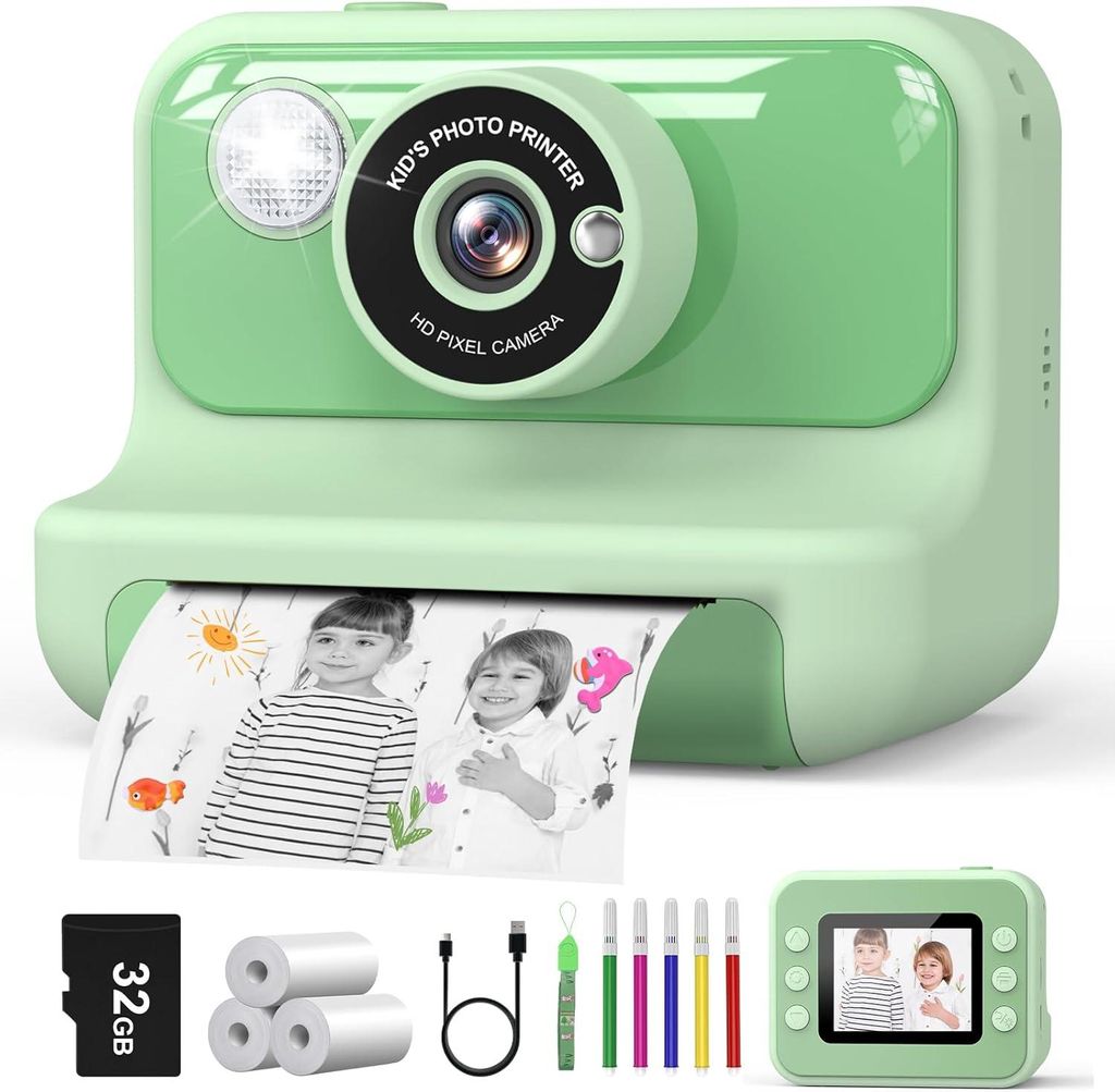 Hangrui Sofortbildkamera Kinder 2,4 Zoll, 1080P Digitalkamera mit Sofortdruck, 32GB Karte, Druckpapier & Stifte,Geschenk 3-12 Jahre für Kinder ab ...