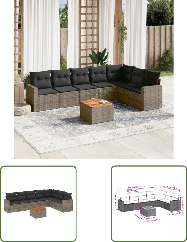 The Living Store 8-tlg. Garten-Sofagarnitur mit Kissen Grau Produktbild 