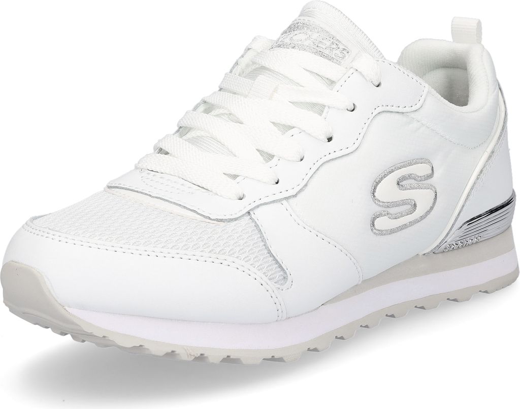 A white Skechers sneaker is shown from a side-angle on a white background.