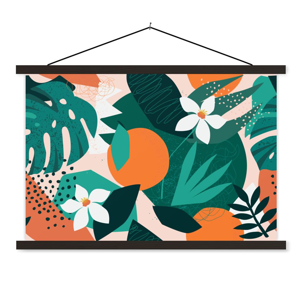MuchoWow Textilposter Blumen - Obst - Dschungel 90x60 cm mit schwarzem Rahmen - Aufhängungssatz